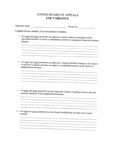 First page of the Zoning Board of Appeals Use Variance / Area Variance Worksheet