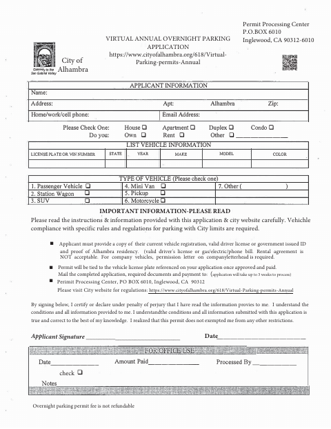 First page of the Virtual Annual Overnight Parking Application