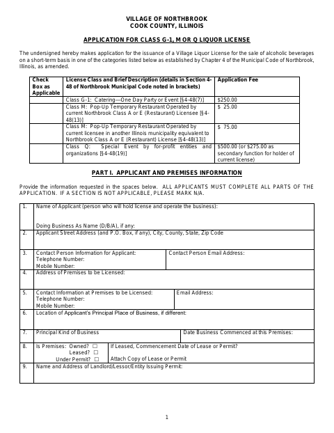 First page of the Class G-1, M, or Q Short-Term Liquor License Application