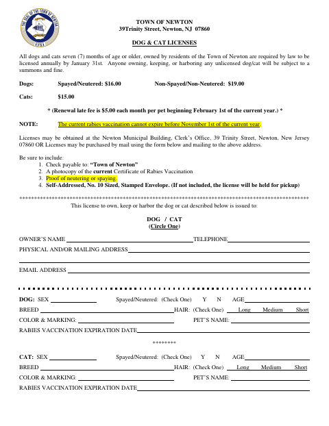 First page of the Dog And Cat License Application