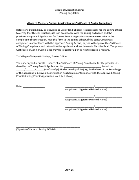 First page of the Application for Certificate of Zoning Compliance