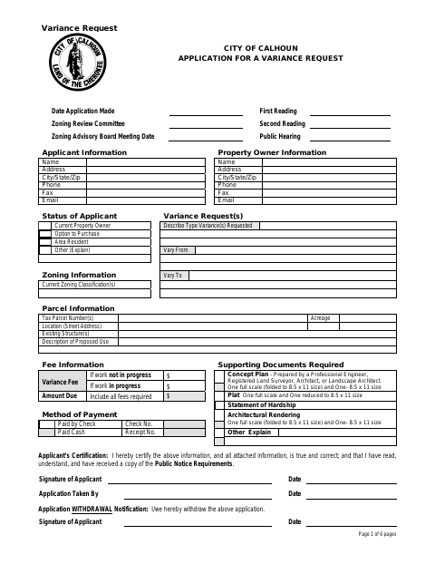 First page of the Application for a Variance Request