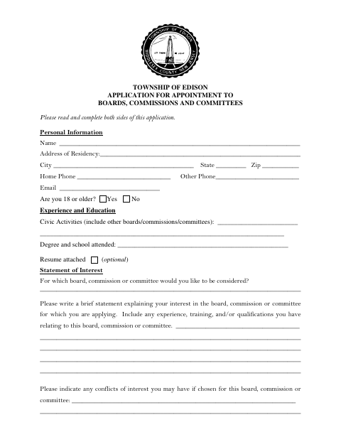 First page of the Application for Appointment to Boards, Commissions and Committees