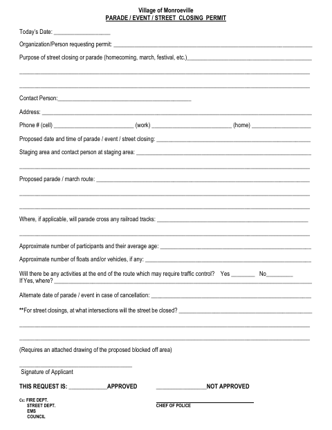 First page of the Parade / Event / Street Closing Permit