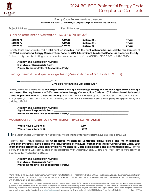 First page of the Residential Energy Code Compliance Certificate