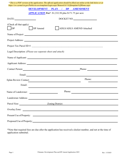 First page of the Development Plan and Amendment Application
