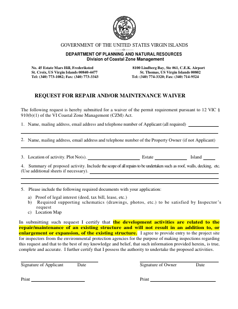 First page of the Request for Repair and/or Maintenance Waiver