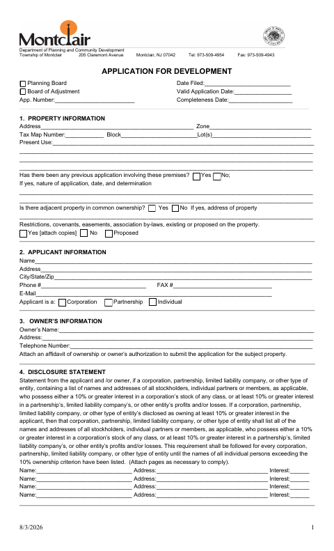First page of the Application for Development