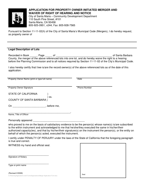First page of the Application for Property Owner Initiated Merger and Waiver of Right of Hearing and Notice