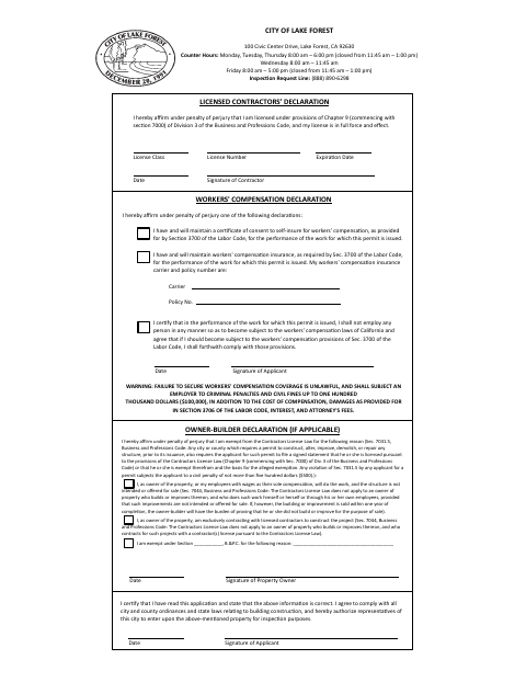 First page of the Owner-Builder Declaration (Permit Agreement and Declaration Form)