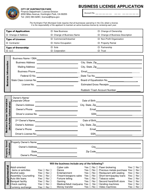 First page of the Business License Application