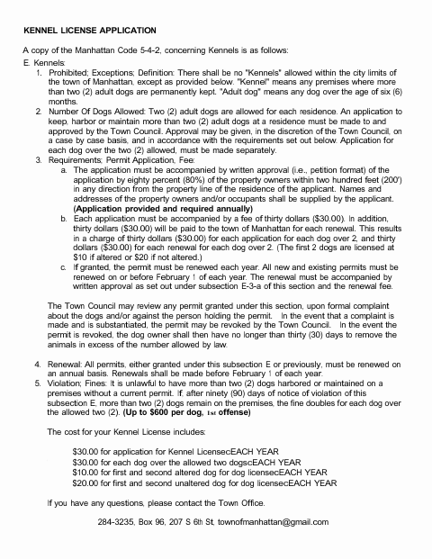 First page of the Kennel License Application