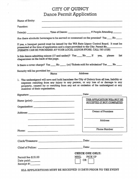 First page of the Dance Permit Application