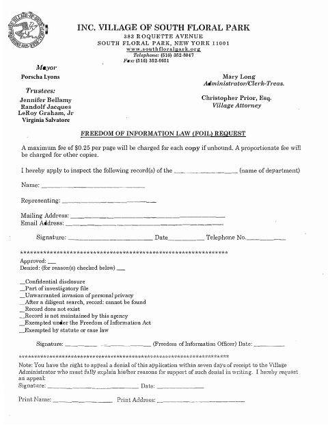 First page of the Freedom of Information Law (FOIL) Request