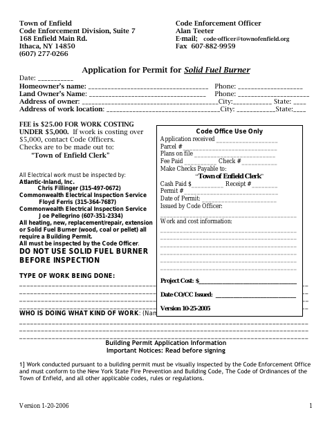 First page of the Application for Permit for Solid Fuel Burner