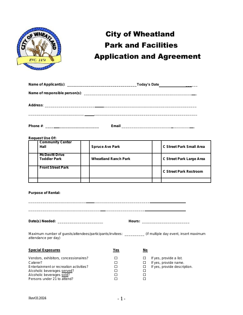 First page of the Park and Facilities Application and Agreement 2026