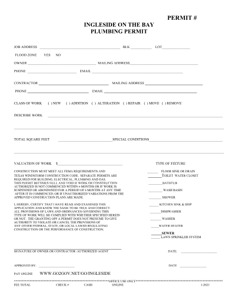 First page of the Plumbing Permit Application