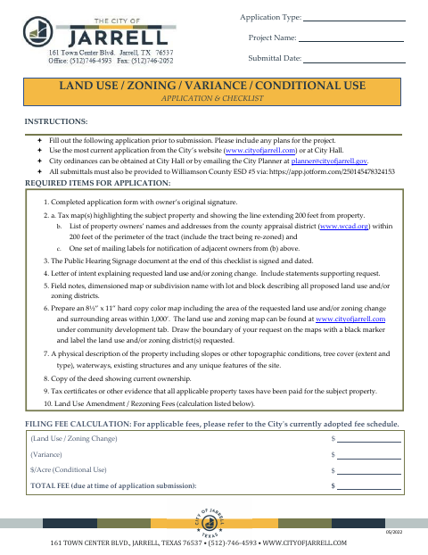 First page of the Land Use, Zoning Change, Variance, and Conditional Use Application