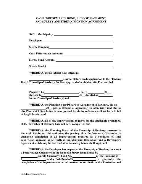 First page of the Cash Performance Bond, License, Easement and Surety and Indemnification Agreement