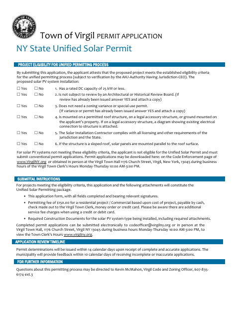 First page of the Unified Residential Solar PV Permit Application