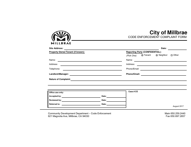 First page of the Code Enforcement Complaint Form