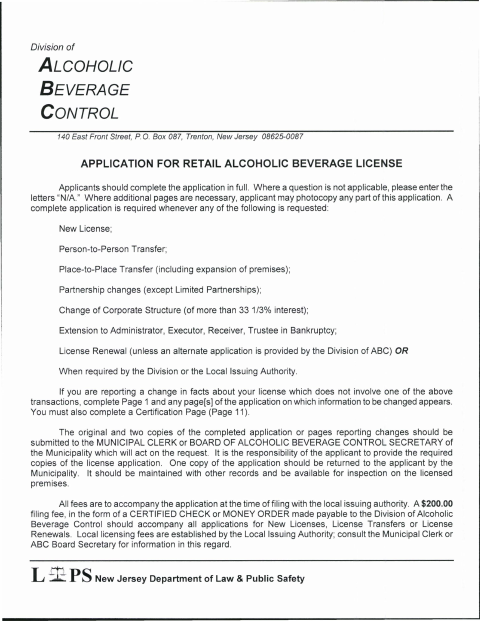 First page of the Retail Alcoholic Beverage License Application