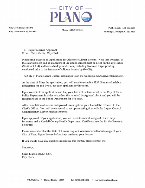 First page of the Application for Alcoholic Liquor License