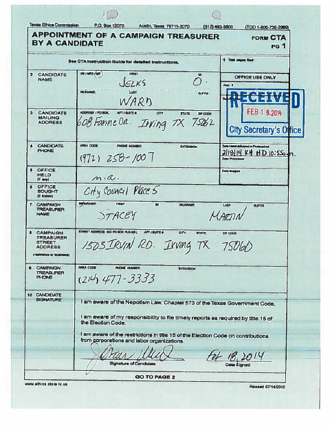 First page of the Appointment of a Campaign Treasurer by a Candidate