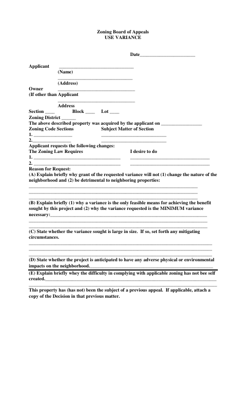 First page of the Use Variance Application