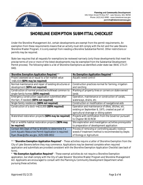 First page of the Shoreline Exemption Submittal Checklist