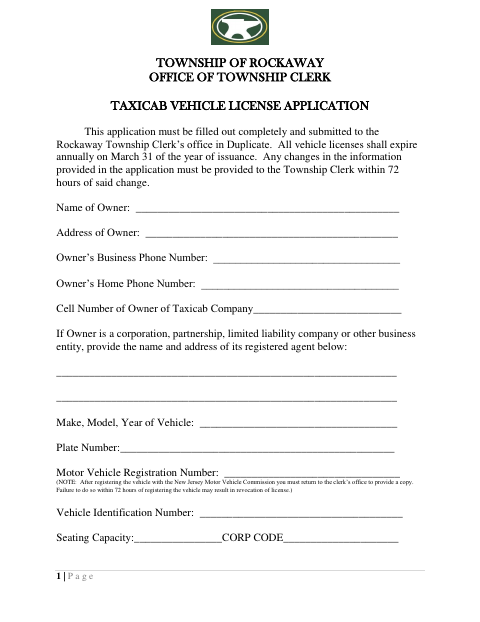 First page of the Taxi Cab Vehicle License Application