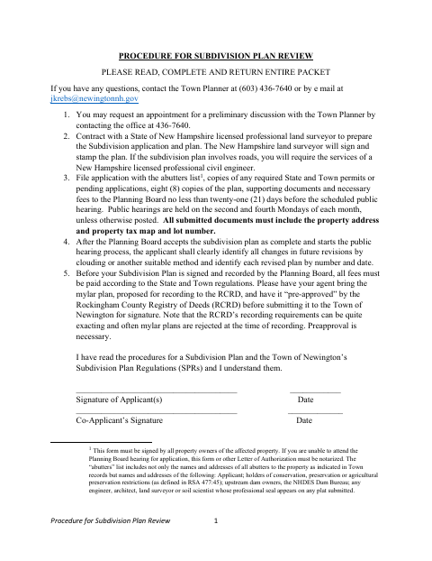 First page of the Subdivision Plan Review Application