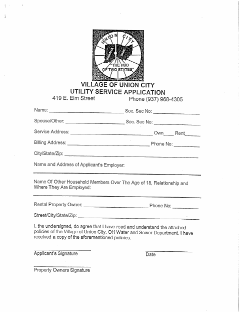 First page of the Utility Service Application