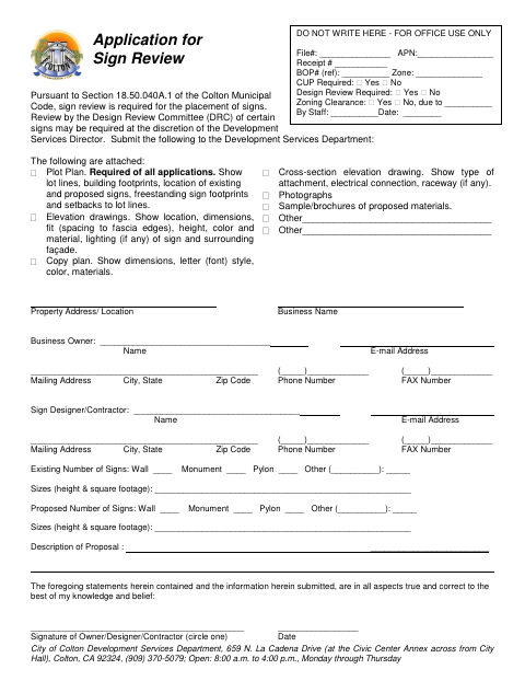 First page of the Application for Sign Review