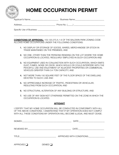 First page of the Home Occupation Permit