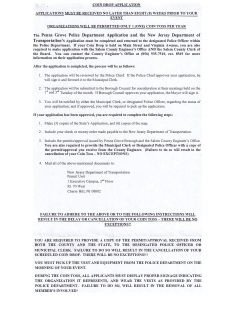 First page of the Charitable Solicitation Coin Toss Permit Application