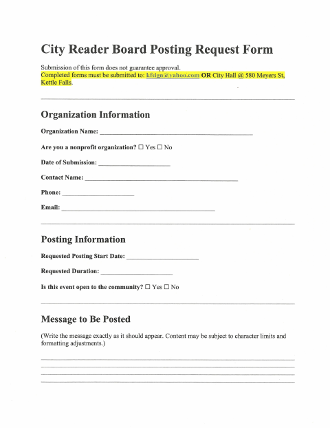 First page of the Reader Board Posting Request Form