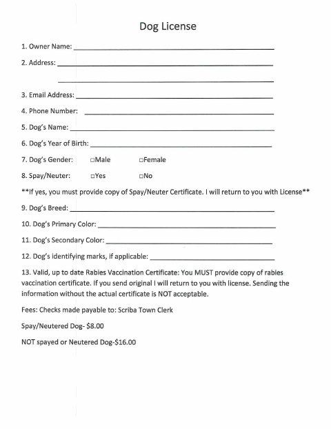 First page of the Dog License Form