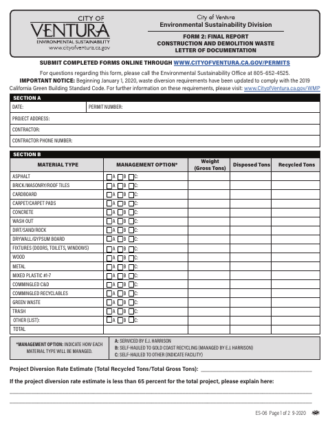 First page of the Final Report Construction and Demolition Waste Letter of Documentation