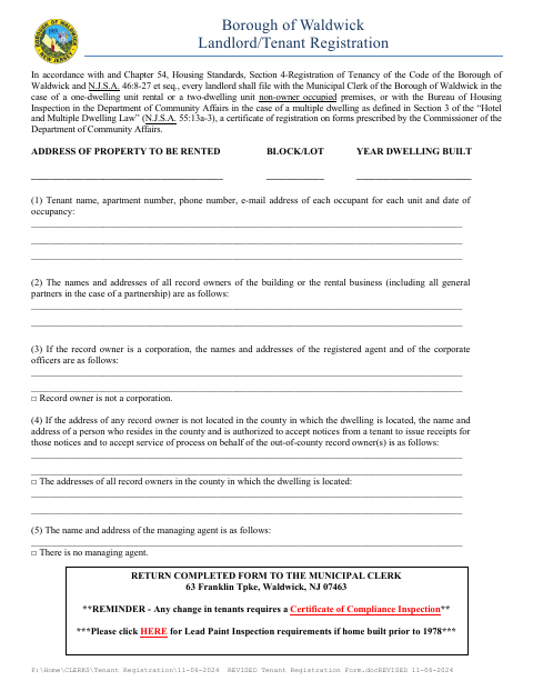 First page of the Landlord/Tenant Registration