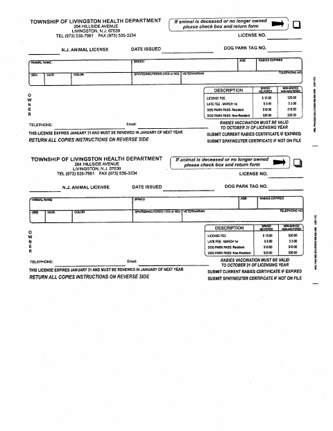 First page of the Animal License Registration/Renewal Form