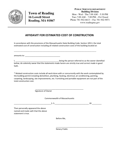 First page of the Affidavit for Estimated Cost of Construction