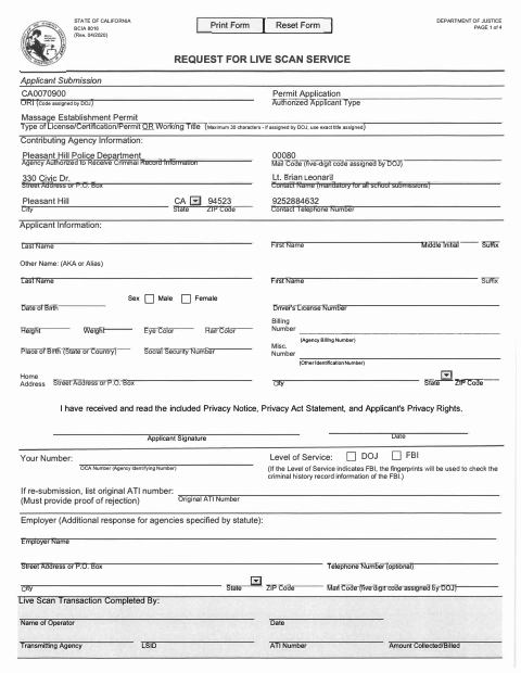 First page of the Request for Live Scan Service