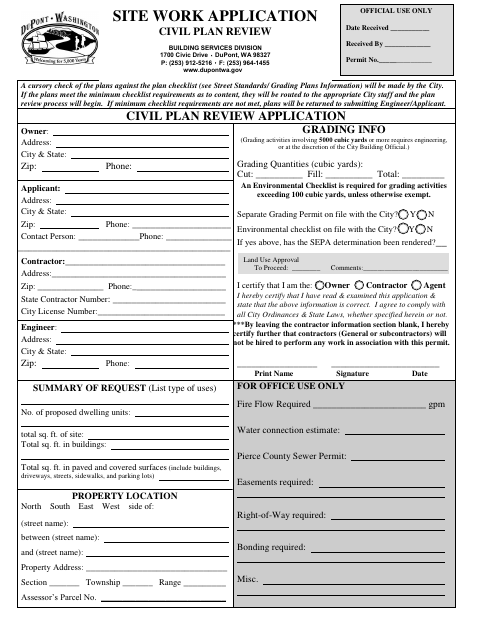 First page of the Site Work Application