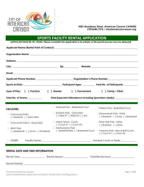 First page of the Sports Facility Rental Application