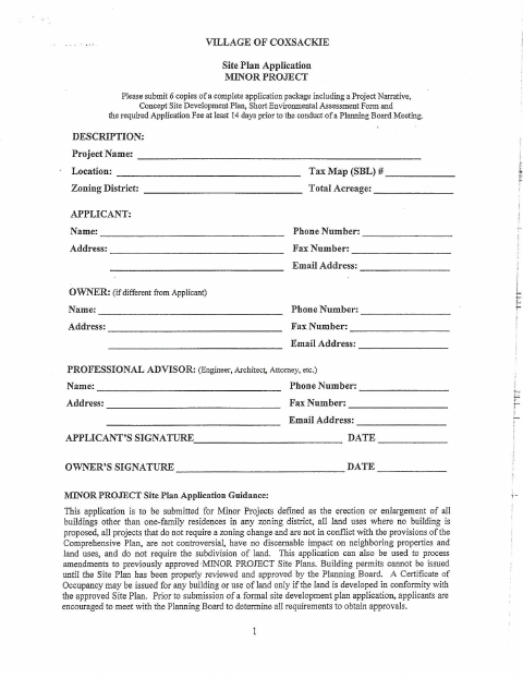 First page of the Minor Site Plan Application
