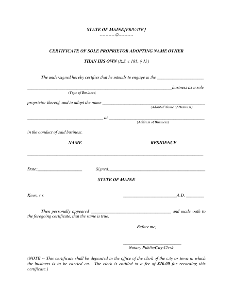 First page of the Sole Proprietor Certificate