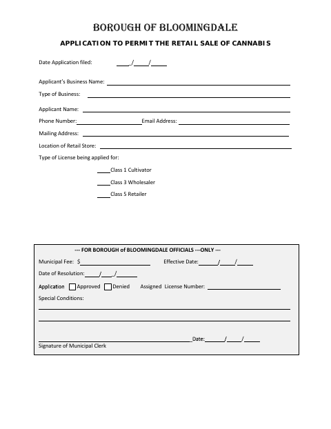 First page of the Application to Permit the Retail Sale of Cannabis