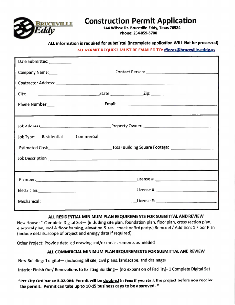 First page of the Construction Permit Application and Site Plan