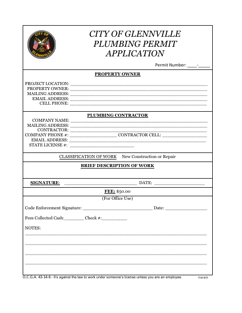First page of the Plumbing Permit Application